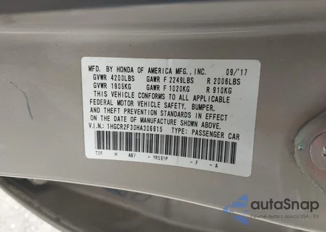 2017 Honda Accord Lx from USA, damaged, VIN 1HGCR2F30HA306915